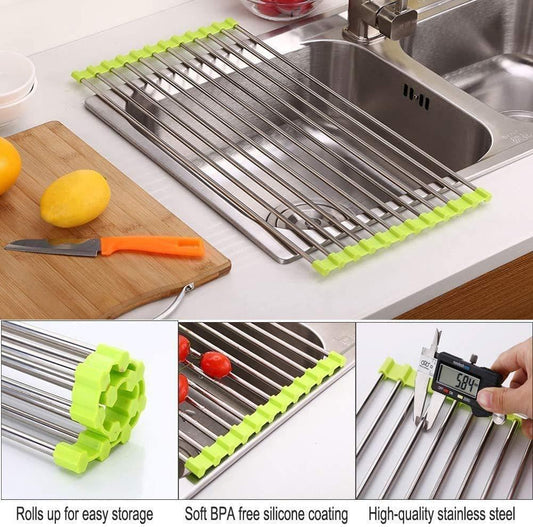 Sink Draining Rack- Stainless Steel Foldable/Roll-Up Over Sink Dish Drainer Drying Rack(Assorted Color)